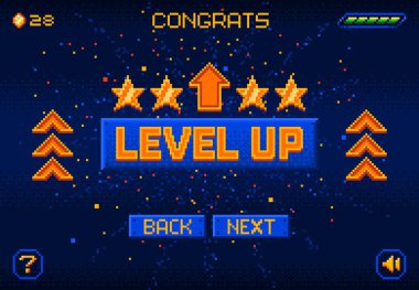 8bit oyun seviyesi piksel ekranı yükseltiyor. Retro arcade kullanıcı arayüzü mozaik arkaplan veya seviye tasarım elemanı, 16 bit platform konsol zafer menüsü pikselli vektör arkaplanı. PC klasik oyun bonus görüntüsü