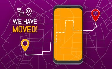 Afişi taşıdık. Şirket ya da mağaza taşıma vektör afişi ya da arka plan, ofis taşıma broşürü. İş adresi veya konumu şehir haritası, aktarım yolu ve cep telefonu ile yön değiştirme