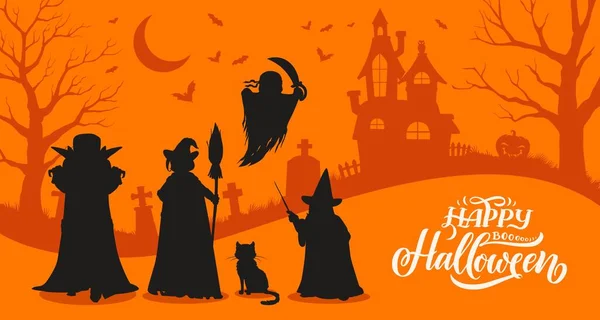 Caractère Halloween Silhouettes Sur Fond Cimetière Avec Château Vampire Dracula — Image vectorielle