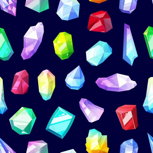 Crystals Gems Seamless Pattern Background Vector Gemstones Jewels Cartoon Quartz — Stock Vector