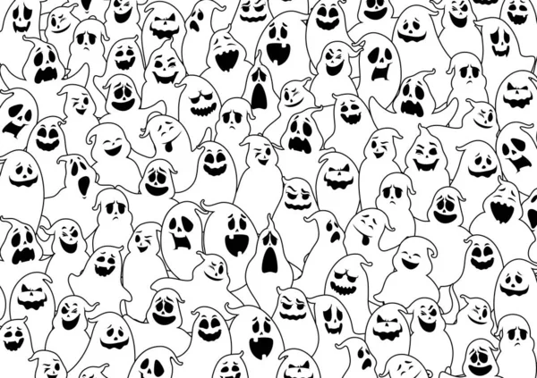 Cartoon Halloween Geister Muster Monochromes Vektorornament Kreativer Hintergrund Mit Gruseligen — Stockvektor