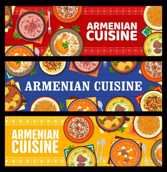 Ormiańskiej Kuchni Jedzenie Banery Sałatka Soczewicowata Mshosh Suszonymi Morelami Ryżem — Wektor stockowy