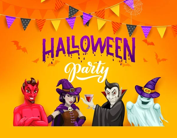 Halloween Part Banner Cartoon Characters Satan Hell Devil Witch Hat — Stock Vector