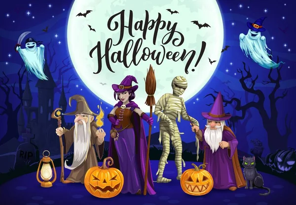 Cartoon Halloween Characters Flying Cemetery Ghosts Wizard Sorcerer Scepter Magic — Stock Vector