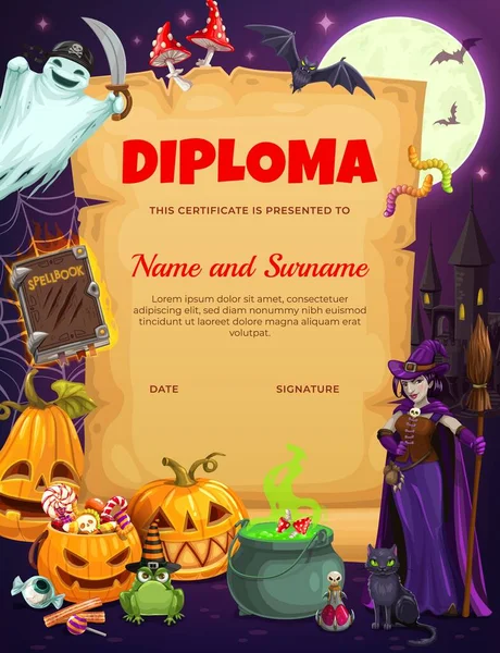 Kids Diploma Halloween Holiday Characters Pirate Ghost Witch Pumpkin Lanterns — Stock Vector
