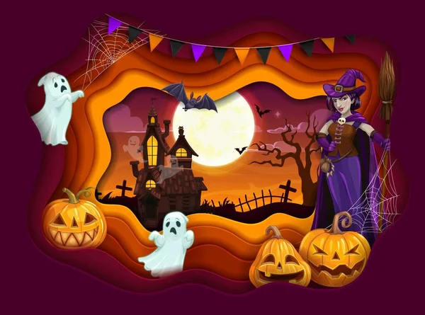 Halloween Papier Gesneden Cartoon Heks Pompoenen Geesten Landschap Vector Party — Stockvector