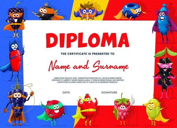 Diploma Infantil Dibujos Animados Superhéroe Personajes Baya Defensor Marco Vectorial — Vector de stock
