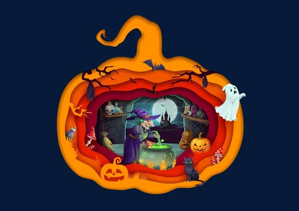 Halloween Carta Tagliata Strega Cartone Animato Con Pentola Pozione Magica — Vettoriale Stock