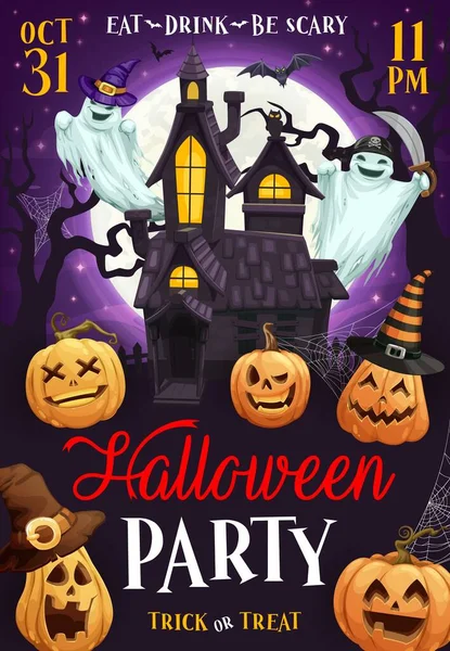 Een Halloween Feestflyer Cartoon Pompoen Lantaarns Vliegende Geesten Middernacht Kasteel — Stockvector