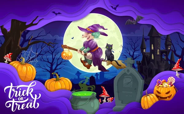 Papier Halloween Coupé Sorcière Volant Sur Paysage Cimetière Affiche Vectorielle — Image vectorielle