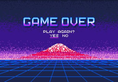 Ekran üzerinde pikselli sanat oyunu. Fujiyama Dağı. Tekrar oynat soru, 8bit arcade ya da eski konsol menüsü son piksel arkaplan, klasik video oyunu kullanıcı arızası, oyuncu ölüm vektör arayüzü