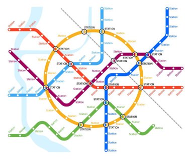 Metro, yeraltı ve metro haritası. Şehir tren istasyonu şeması. Yolcu taşımacılığı altyapısı, metro hatları, otobüs, tramvay veya tren istasyonları şeması, metro ağı haritaları