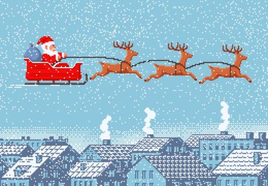 Noel Baba pikseli Noel Baba kızağı taşıyıcı ren geyikleri ve hediye çantasıyla kış tatili şehir manzarası üzerinde karlı çatıları ve evleri ile gökyüzünde uçuyor. Xmas ve Yeni Yıl atari salonu veya 8 bit video oyunu, piksel resim kartı
