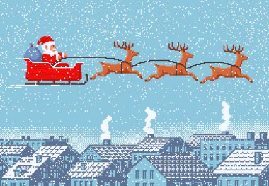 Pixel Santa Claus sleigh with vector reindeer and gift bag flying in sky over winter holiday town landscape with snowy roofs and houses. Xmas and New Year arcade or 8 bit video game, pixel art card clipart