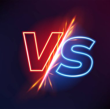 VS ya da karşı işareti. Spor müsabakası, şampiyonluk ya da yarışma, karma dövüş ya da çatışma, parlak mavi ve turuncu ışık vs harfleriyle çatışma vektör arka planı