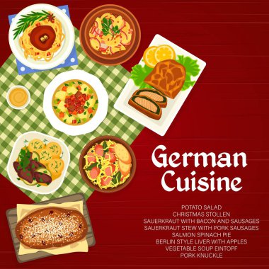 Alman mutfağı menü kapağı tasarımı. Patates salatası, Noel stollen ve domuz pastırmalı lahana turşusu, somon ıspanaklı turta, Berlin usulü ciğer ve çorba Eintopf, domuz budu, domuz sosisli lahana yahnisi.