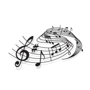 Müzik dalgası. Klasik müzik sesi klasik fon müziği, orkestra melodisi monokrom vektör dalgası. Çalışanlarla birlikte şarkı kaydı müzik akışı, üç tuşlu tuş ve satır üzerine notalar