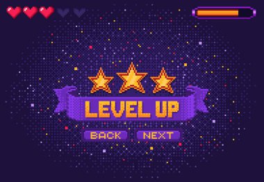 8bit oyun seviyesini yükselt, atari piksel ekranı. PC platformu zafer menüsü mozaik görüntüsü. Piksel yıldızlı oyun düzeyi vektör arkaplanı, yaşam kalbi göstergesi, arayüz düğmeleri