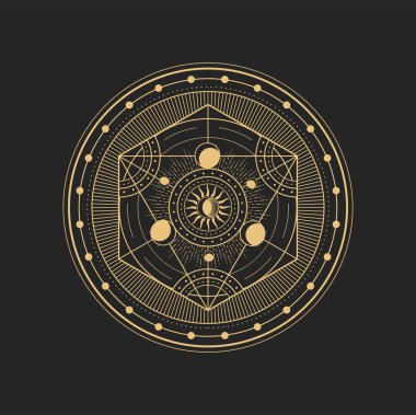 Büyük dairenin içinde Ay, Güneş ve geometrik figürlerle birlikte esrarengiz vektör işareti. Simyacı pentagramı, astrolojik tılsım, izole edilmiş tarot sembolü, ruhsal büyü tılsımı veya mason amblemi.