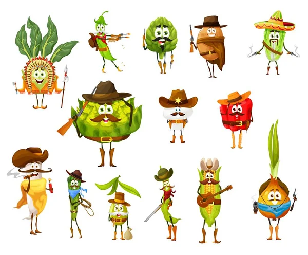 Cartoon Groenten Cowboy Ranger Indiaan Sheriff Rover Bandiet Grappige Personages — Stockvector