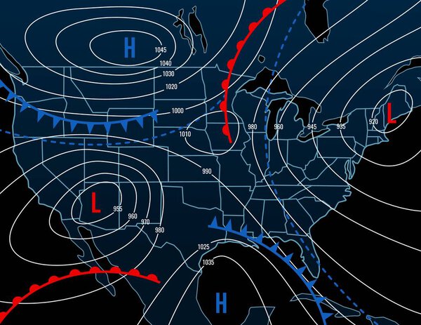 Forecast weather isobar night map of USA. Meteorology diagram with wind front and temperature. Synoptic isobar map, climate and climatology vector infographics with temperature data