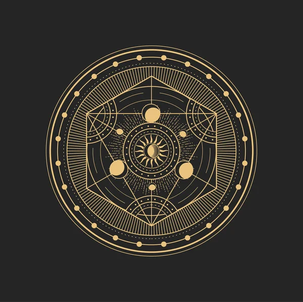 大きな円の中に月 幾何学的図形を持つ密教のオカルトベクトル記号 錬金術師五角形 占星術のお守り 隔離されたタロットシンボル 精神的な魔法のお守りまたはメイソンの紋章 — ストックベクタ