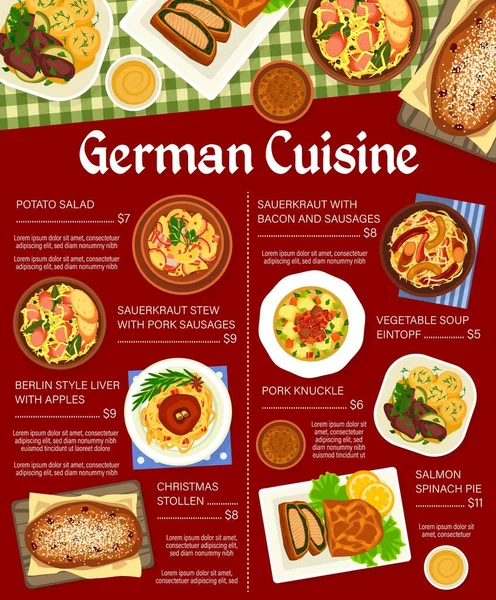 German Cuisine Restaurant Meals Menu Soup Eintopf Salmon Spinach Pie — Stock Vector