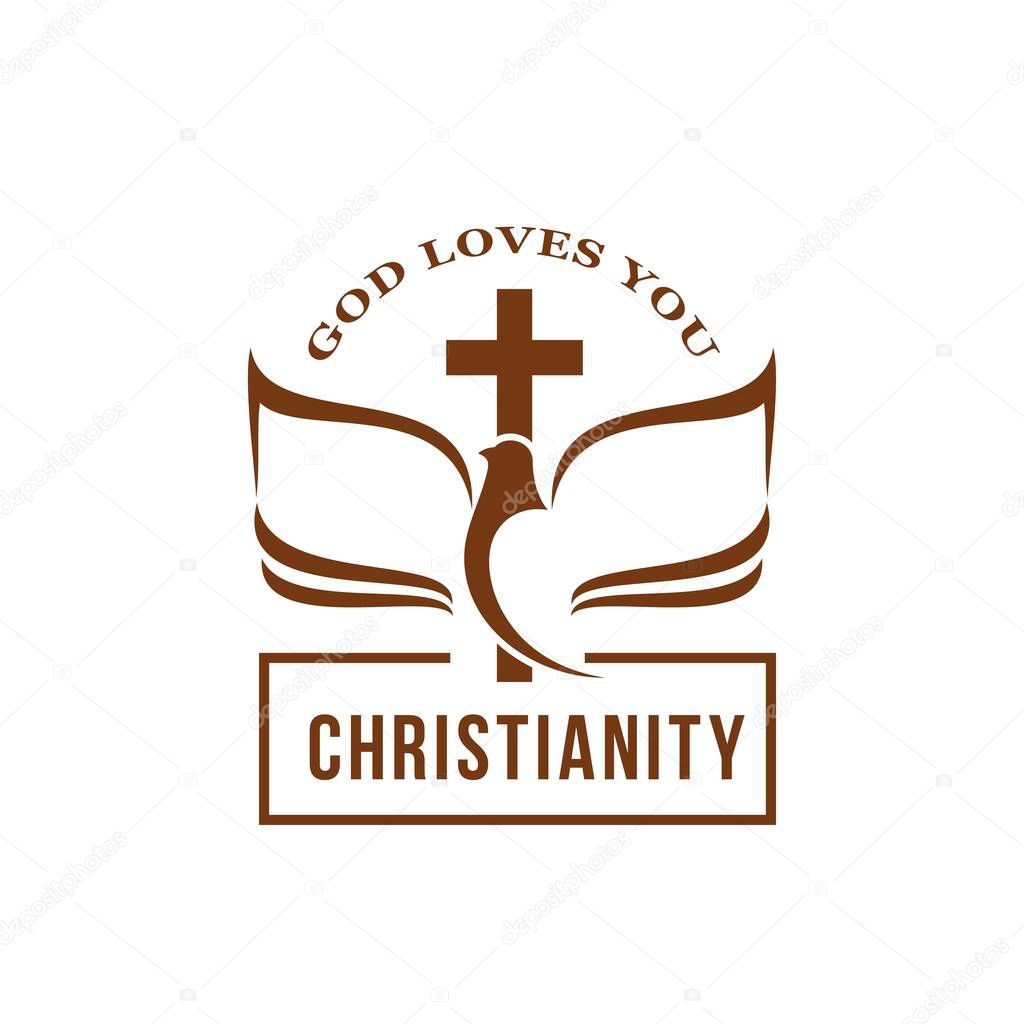 Christianity religion icon with Holy Spirit dove and cross. Christian commune or church outline vector sign. Christian confession emblem or icon with pigeon bird and Bible pages