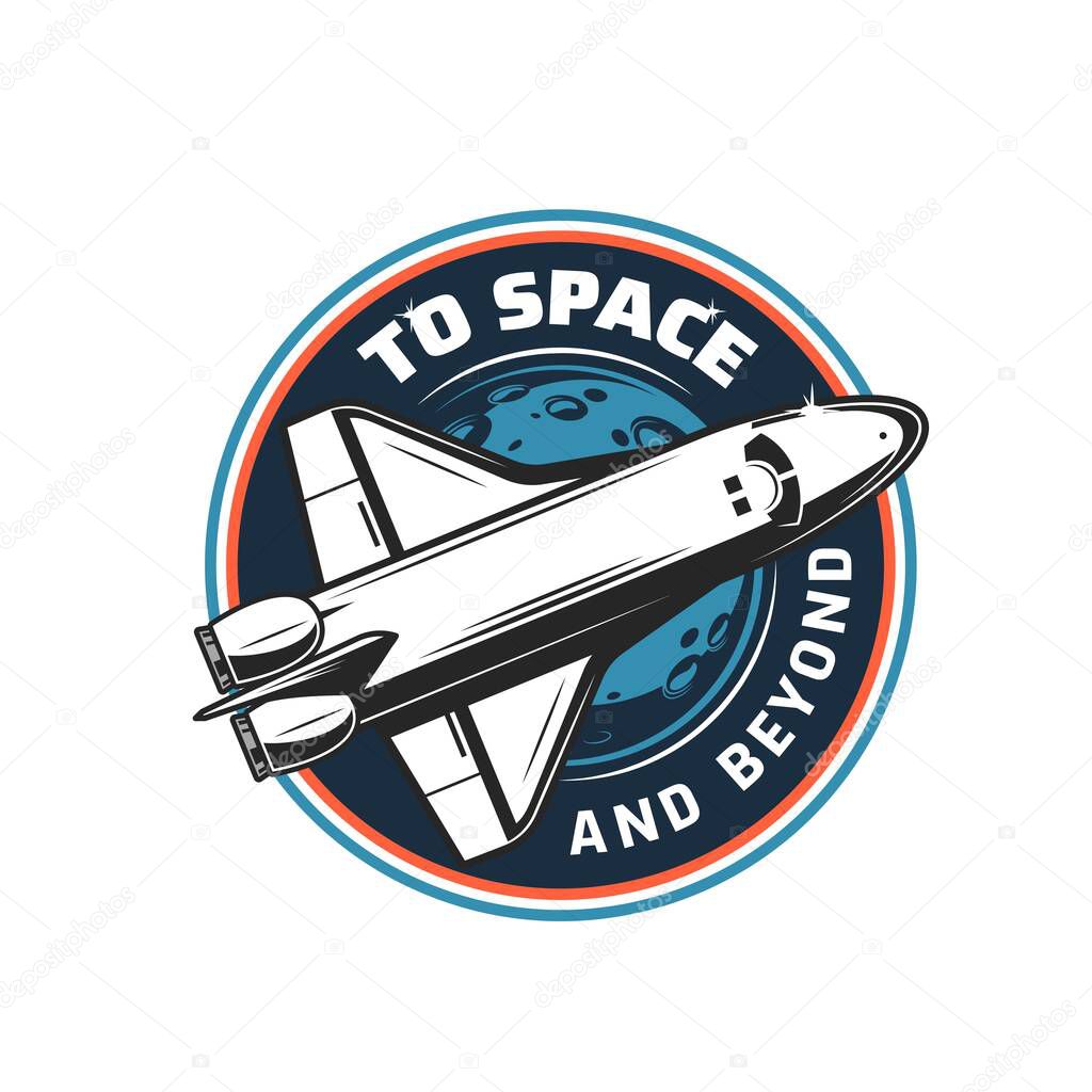 Spaceship icon of space rocket shuttle for galaxy exploration, vector symbol. Space aviation sign of spacecraft shuttle for planets discovery, lunar or mars mission and galactic spaceflight travel