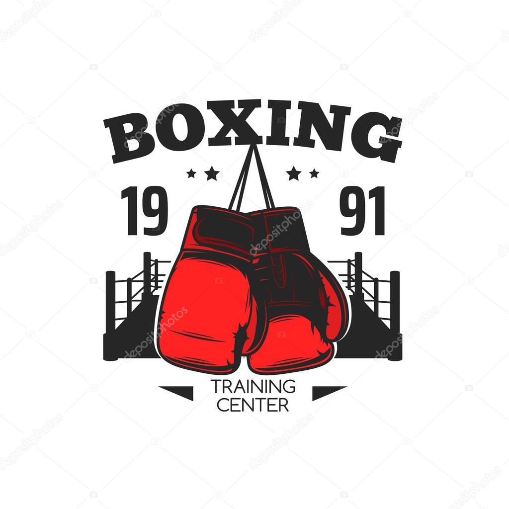 Boxing sport icon with gloves. Boxing training center, fighters gym or sport club vector emblem, retro label or icon with hanging on ropes red boxing gloves and ring silhouette