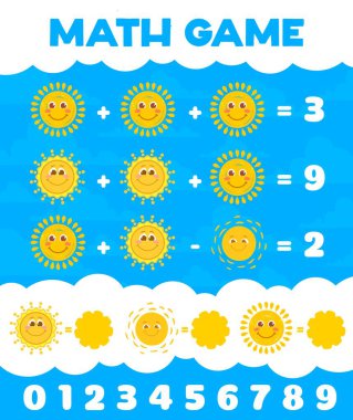 Matematik oyun çalışma tablosu. Çizgi film karakterleri ve gökyüzü bulutları. Çocukların matematik bilmeceleri, çocukların matematik aktiviteleri ya da neşeli, gülümseyen güneş kişilikleri olan bilmece vektör çalışmaları.