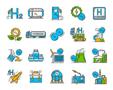 Hydrogen color icons. Green power and renewable energy simple symbols, sustainable and clean fuel outline vector icons. Truck with hydrogen gas tank, solar and wind power plant, fueling station symbol clipart