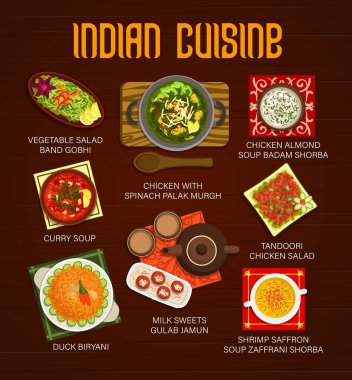 Hint mutfağı menüsünde köri çorbası, ördek eti ve pirinç biryani, sebze ve tandır soslu tavuk salatası var. Karides safranı ve badem çorbası, ıspanaklı köri ve kızarmış süt tatlısı.