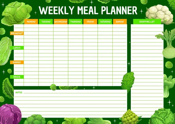 Tygodniowy Planista Posiłków Kreskówkowe Warzywa Kapustne Gotowanie Dzienny Harmonogram Lista — Wektor stockowy