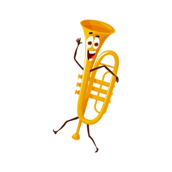 卡通舞号角的角色 孤立的矢量号角 滑稽的小号与快乐的脸 管乐器的人 音乐学校用黄铜烟斗 — 图库矢量图片
