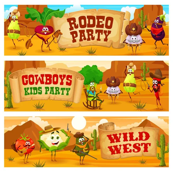 Vilda Västern Western Cowboy Och Rodeo Party Tecknad Grönsak Tecken — Stock vektor