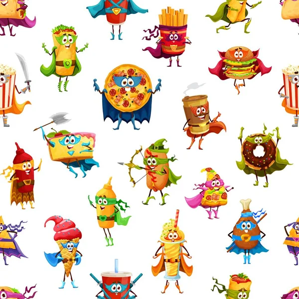 Cartoon Fast Food Superheld Verdediger Personages Naadloos Patroon Fastfood Mascottes — Stockvector