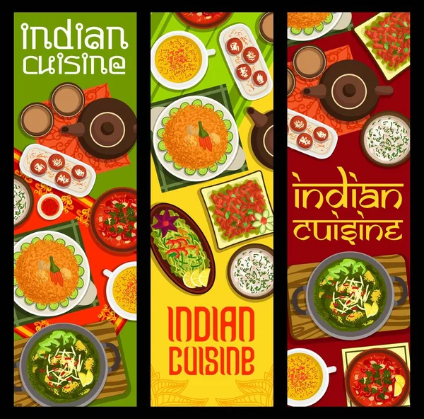 Kuchnia Indyjska Posiłki Wektorowe Banery Azjatyckich Przypraw Żywności Zupa Curry — Wektor stockowy
