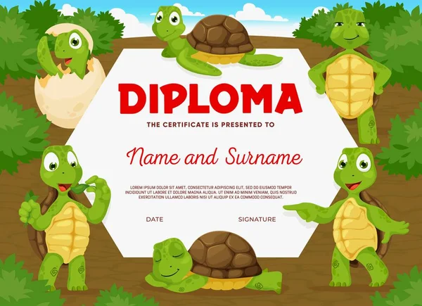 Çocuk Diploması Çizgi Film Kaplumbağaları Çocuk Sertifikasında Kaplumbağa Hayvan Karakterleri — Stok Vektör