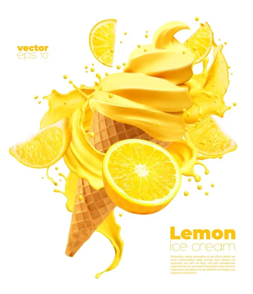 Isolated Lemon Soft Ice Cream Cone Splash Vector Realistic Citrus — Stock Vector