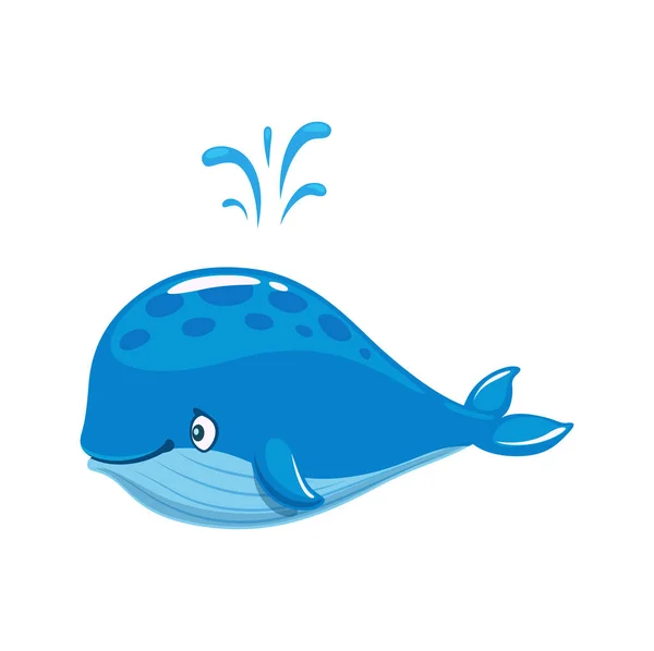 噴水のある漫画明るい青のクジラの文字 面白いザトウクジラや幸せな笑顔でクジラの潮吹き水のかわいい海と海の動物ベクトルの性格 水中哺乳類 — ストックベクタ