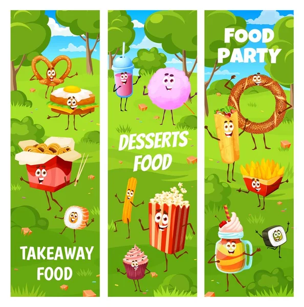 Cartoon fast food and desserts characters on summer party. Vector fastfood egg burger, fried potato wedges, popcorn and sweet drink, sushi rolls, simit bread, shawarma, pretzel and cupcake personages