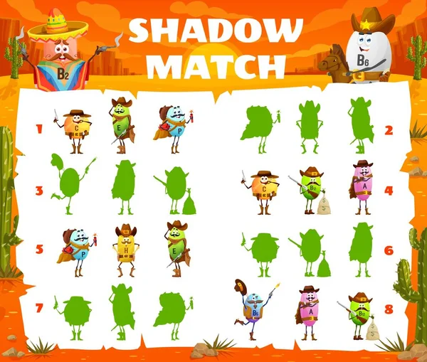 Shadow Match Game Cartoon Western Vitamin Cowboy Bandit Ranger Sheriff — Stock Vector