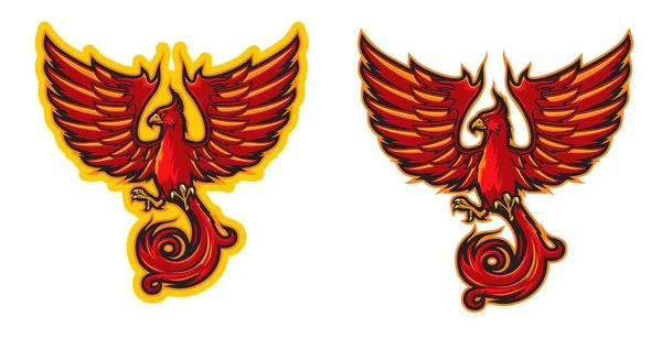 フェニックス鳥のマスコット スポーツチームやクラブのベクトルバッジ スポーツチームまたはクラブマスコットエンブレム付き鳳凰赤い火鳥付き長い巻き尾と大きな赤い翼 — ストックベクタ