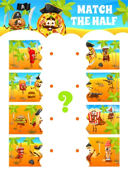 Match Half Cartoon Pirates Fastfood Characters Treasure Island Kids Game — Stock Vector