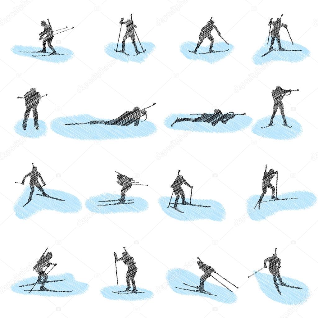 Set of biathlon grunge silhouettes