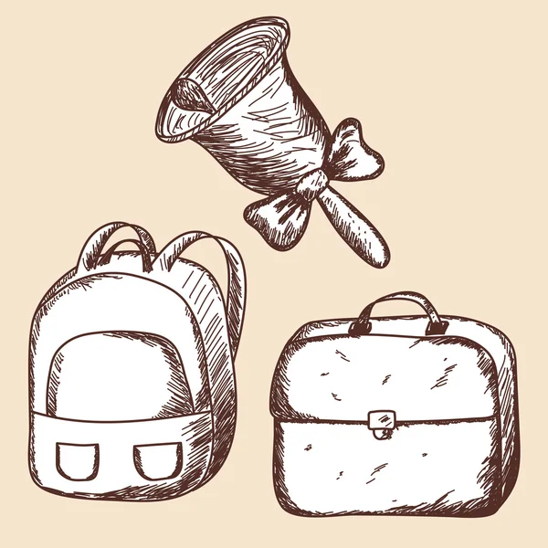 School bags and bell sketch. — Stock Vector