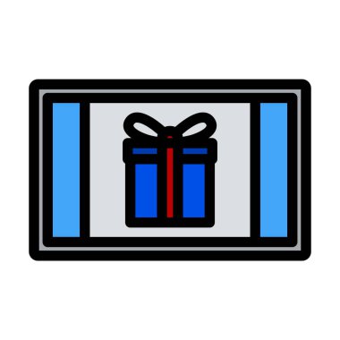 Ekran simgesinde hediye kutusu olan dizüstü bilgisayar. Renk Doldurma Tasarımı ile Düzenlenebilir Kalın Tasarım. Vektör İllüstrasyonu.