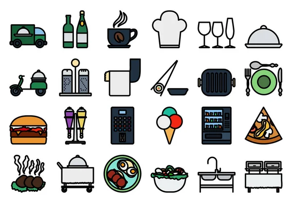Ресторан Icon Set Жирный Контур Таблицы Цветовой Начинкой Векторная Миграция — стоковый вектор