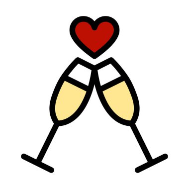 Kalp ikonlu şampanya kadehi. Renk Doldurma Tasarımı ile Düzenlenebilir Kalın Tasarım. Vektör İllüstrasyonu.